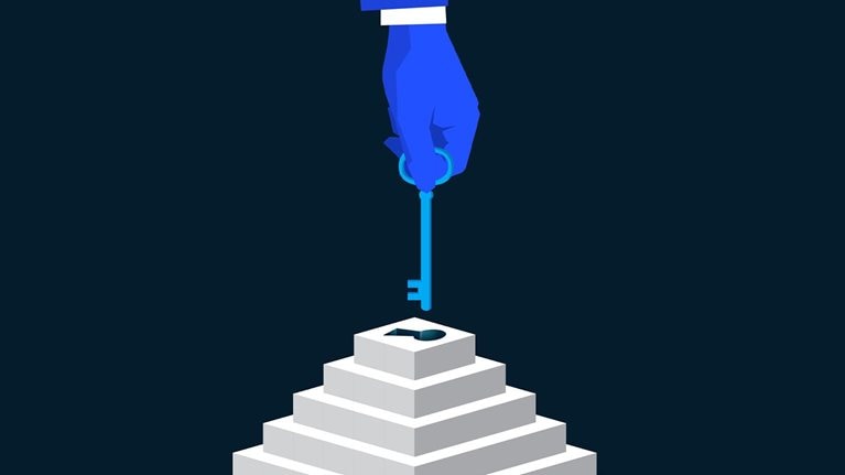 This illustration depicts a hand in a suit sleeve holding a key, positioning it above a staircase-like structure with a keyhole on top, symbolizing the key to success or a solution to a problem.