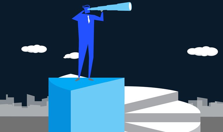 Illustration of person with hand-held telescope, gazing towards the future.