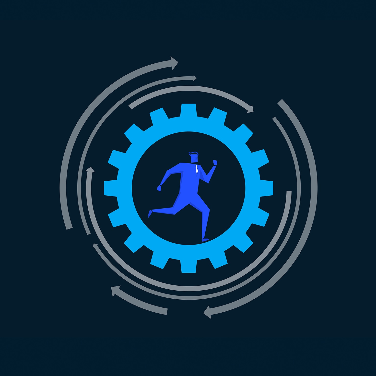 Man running inside of gear shaped hamster wheel - stock illustration