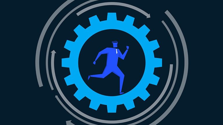 Man running inside of gear shaped hamster wheel - stock illustration