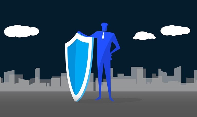This image is a conceptual illustration often used to represent cyber security resilience, corporate protection, or business risk management. It features a businessman acting as a protective leader, symbolizing courage and defense against digital or operational threats.