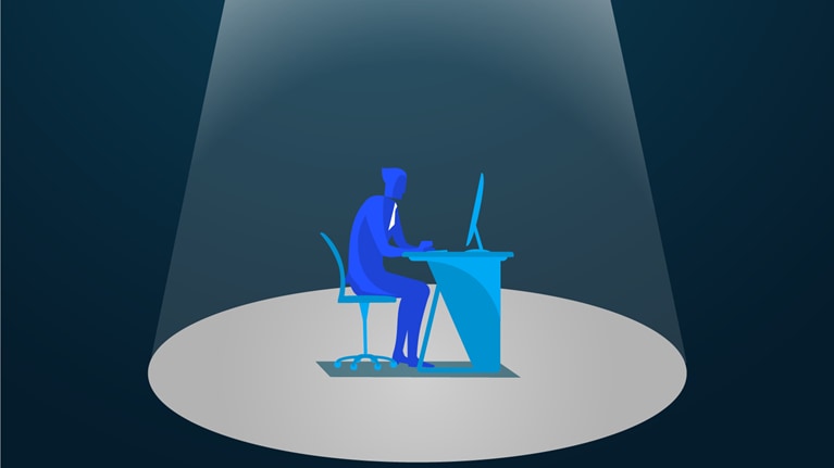 single worker at desk under spotlight illustration