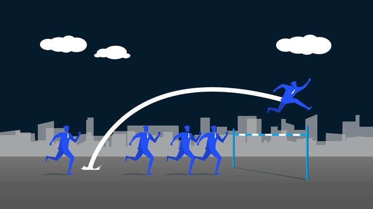 runners with one jumping over the finish line illustration