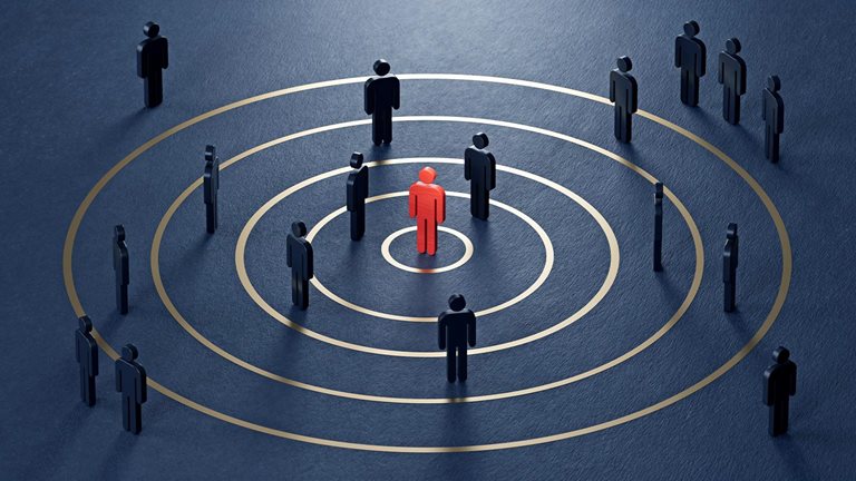 Conceptual image showing figures arranged over concentric circles with a central figure highlighted in red.
