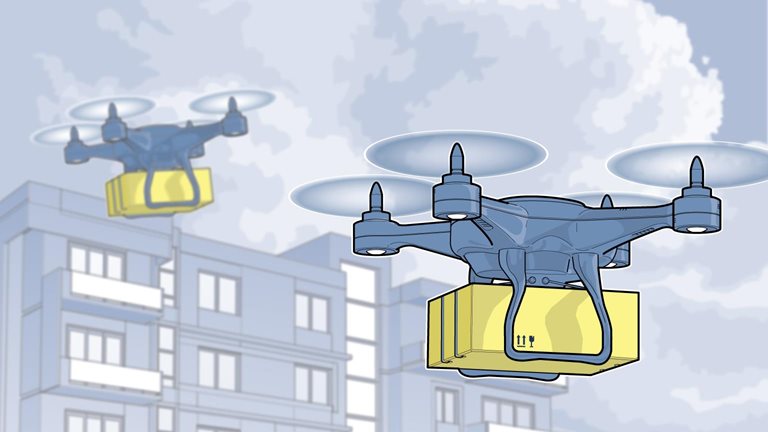 An illustration of two drones flying with packages