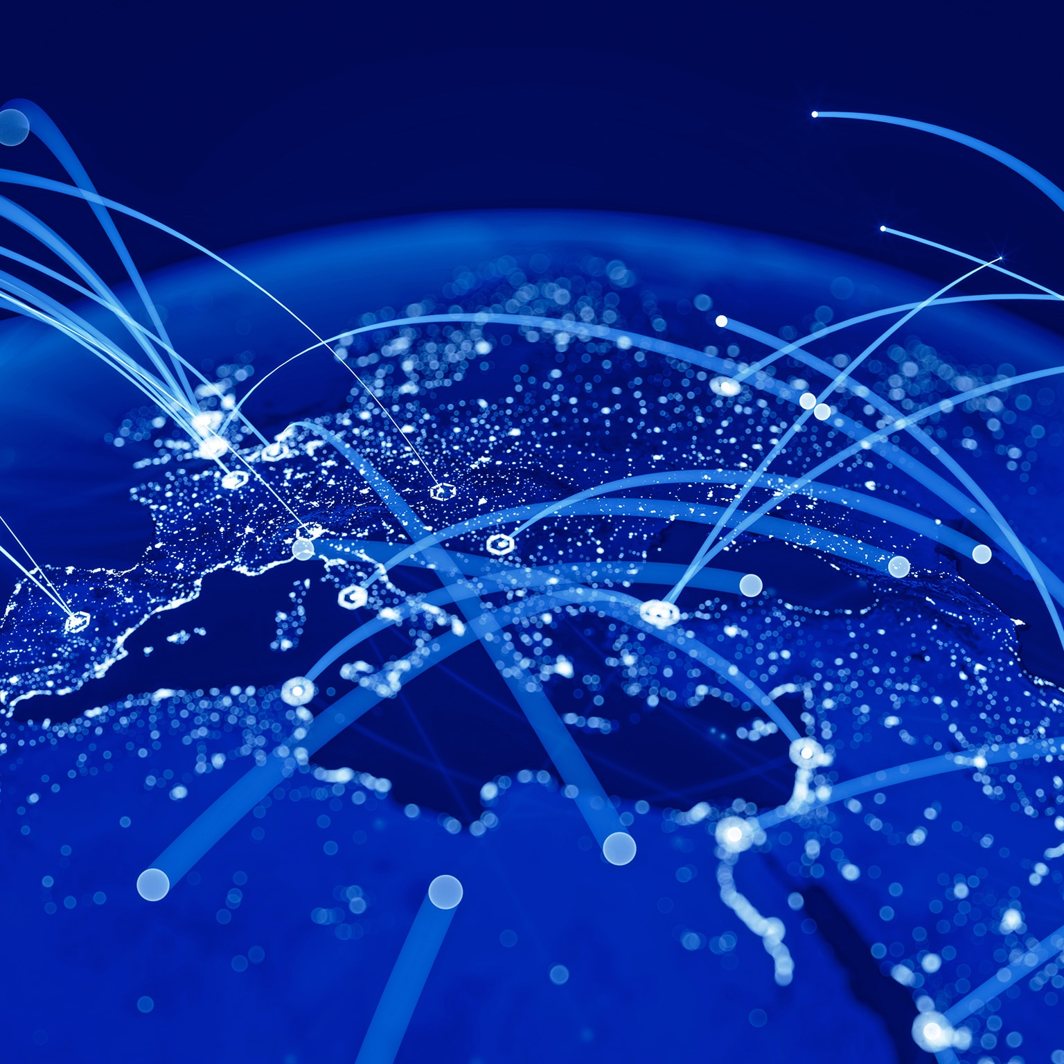 Blue Globe viewing from space at night with connections between cities