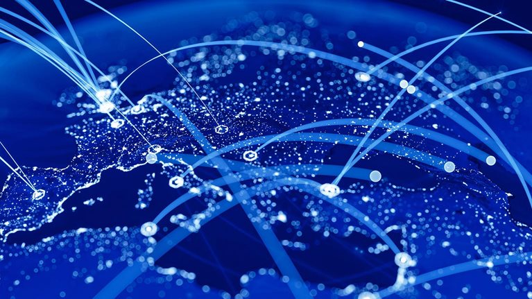 Blue Globe viewing from space at night with connections between cities