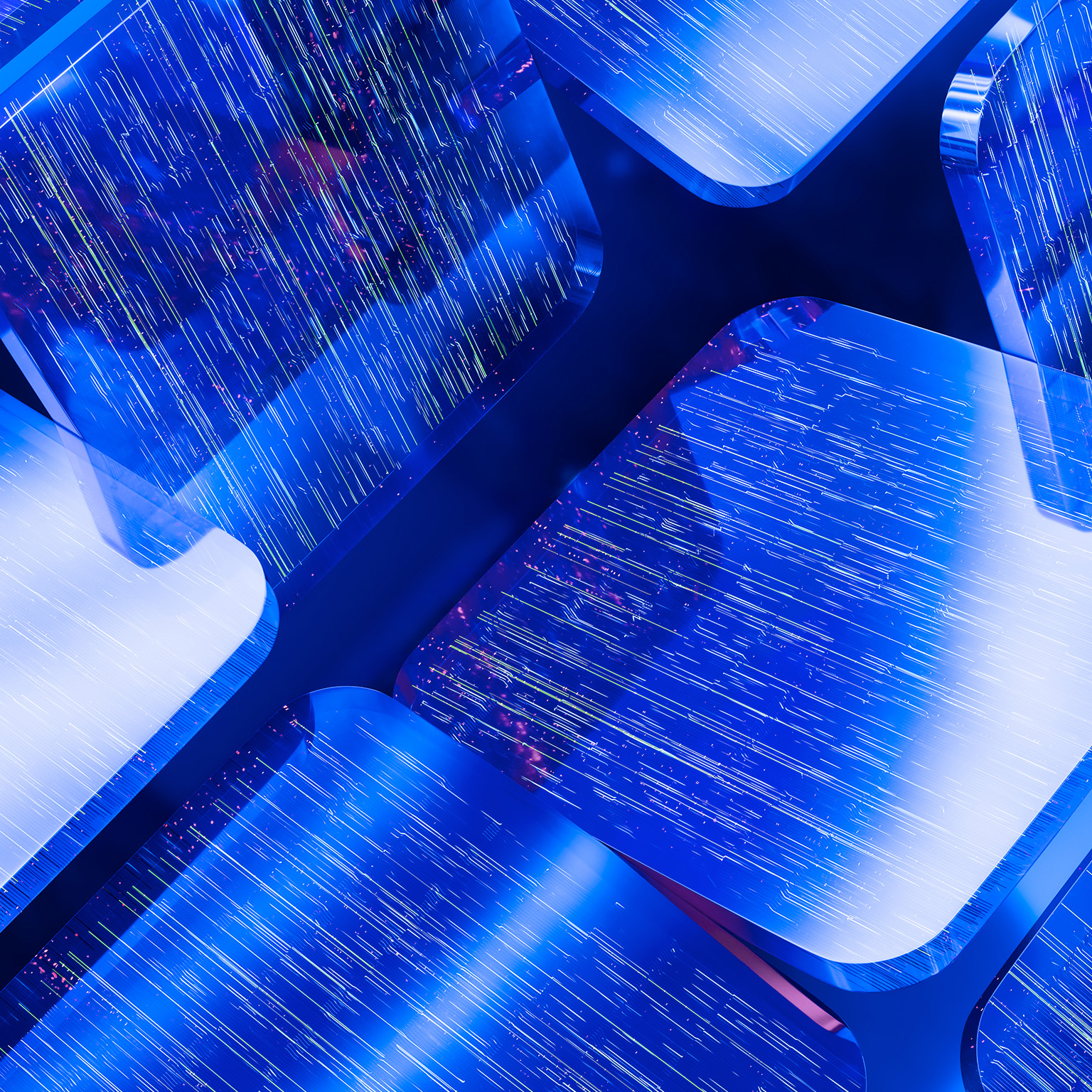 Abstract 3D render of glowing blue geometric panels with streaking light lines, evoking digital circuitry and data flow.