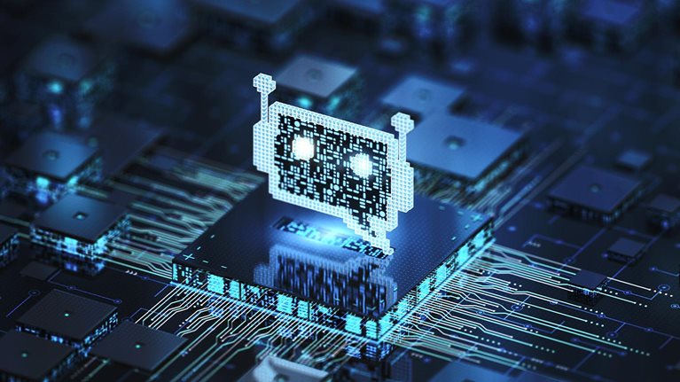 The image is a conceptual illustration of an AI chatbot integrated onto a computer chip or circuit board.