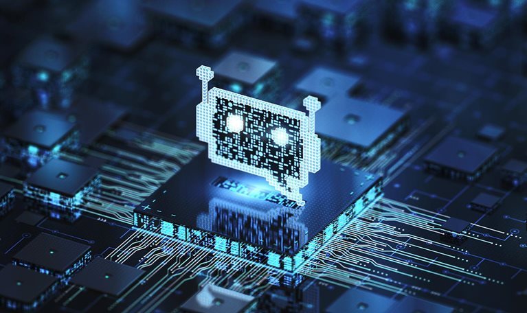 The image is a conceptual illustration of an AI chatbot integrated onto a computer chip or circuit board.