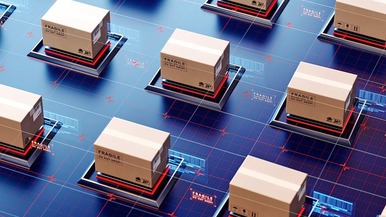 Image of packages being transported in a high-tech automatic logistics management system with AR overlays showing package information.