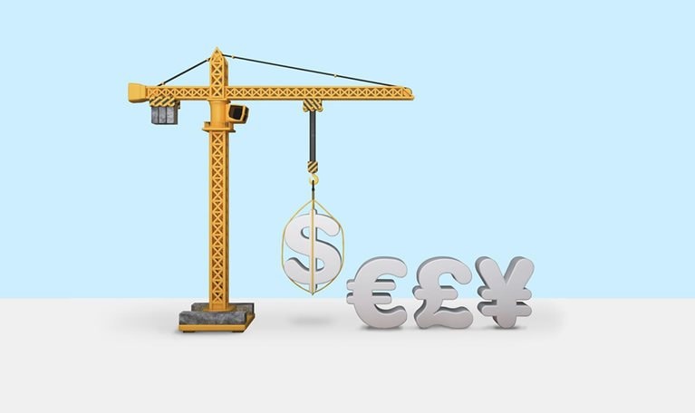 Tower crane with currency symbols