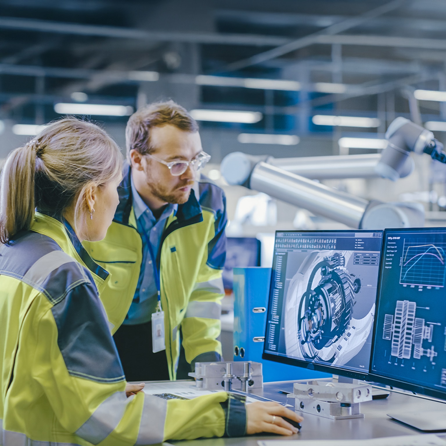 At the Factory: Male Mechanical Engineer Holds Component while Female Chief Engineer Work on Personal Computer, They Discuss Details of the 3D Engine Model Design.