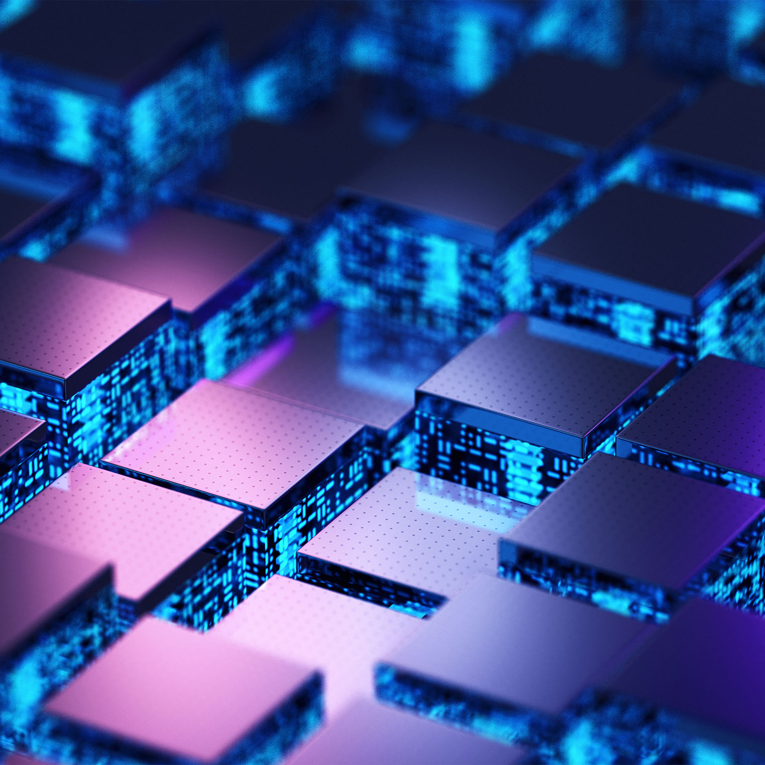 The image appears to show an abstract digital rendering of microchips or processor blocks in shades of blue and purple.