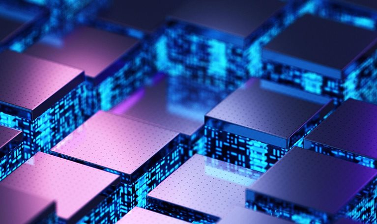 The image appears to show an abstract digital rendering of microchips or processor blocks in shades of blue and purple.