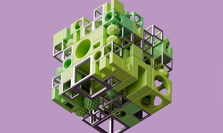 Abstract data cubes made of multiple spheres and beams representing concept of connection