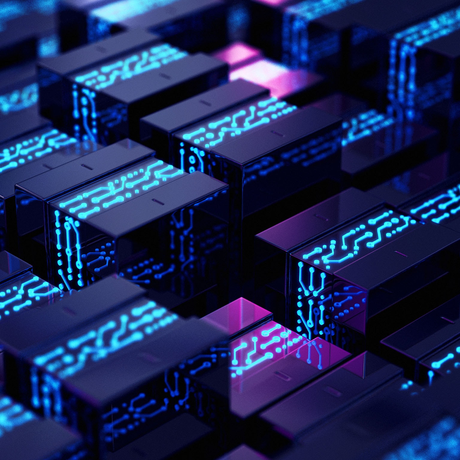 Network concept. Multiple computer chips lined up, glowing against the darkness.