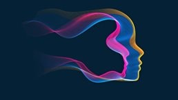 Abstract artistic human head portrait made of dotted particles array. Digital soul, spirit of technological time