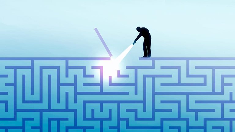 Conceptual illustration of a man with a torchlight looking into a maze depicting searching.