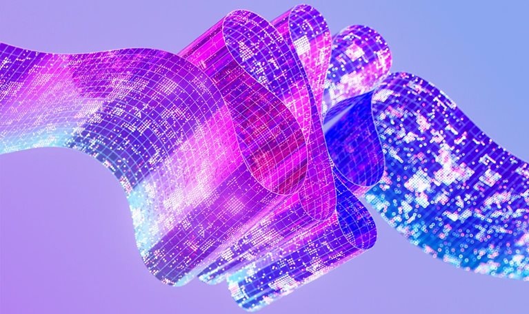 Multicolored glowing futuristic digital data streams and network structures symbolizing AI concept in a digitally generated image