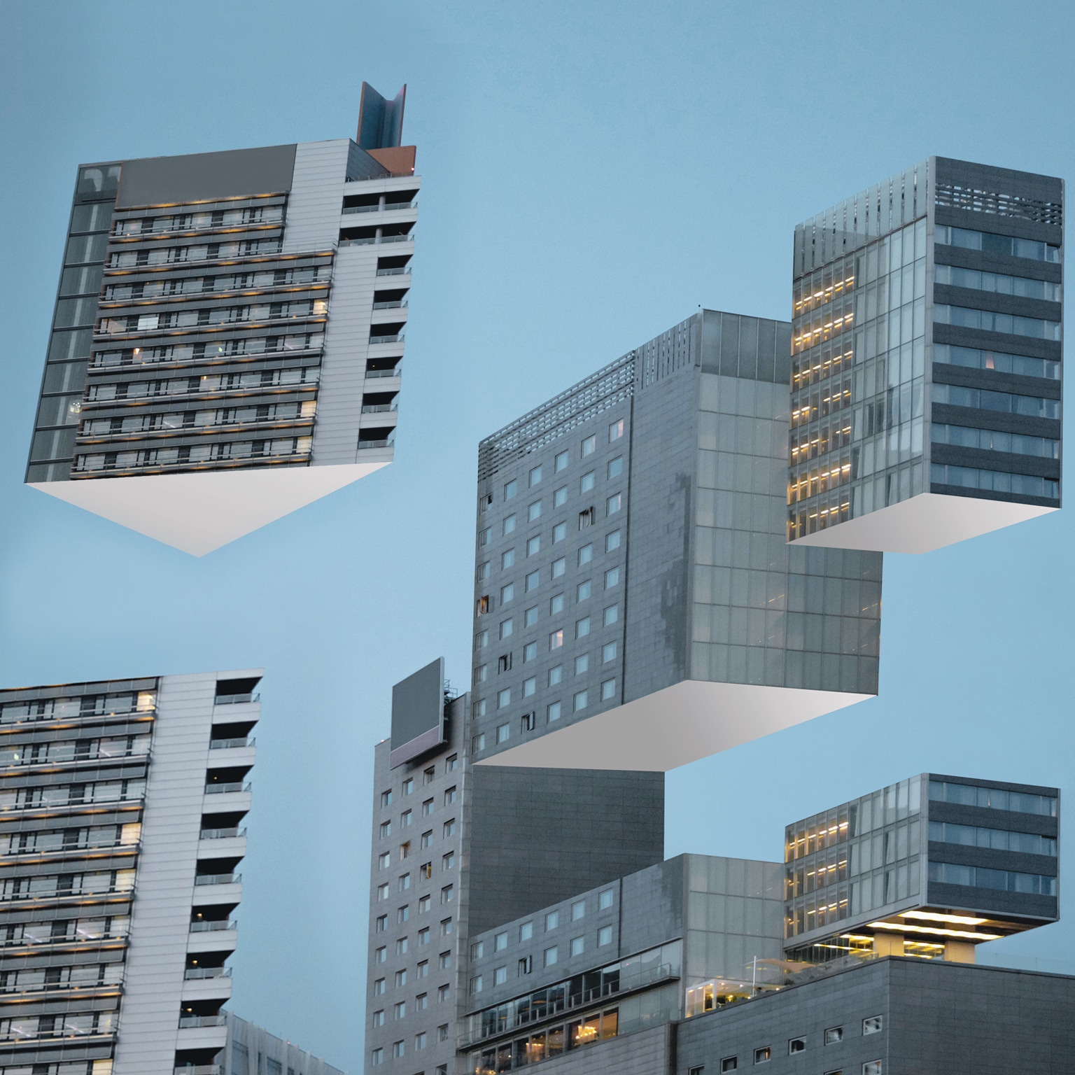 Building blocks levitating in the city