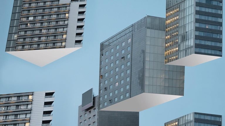 Building blocks levitating in the city