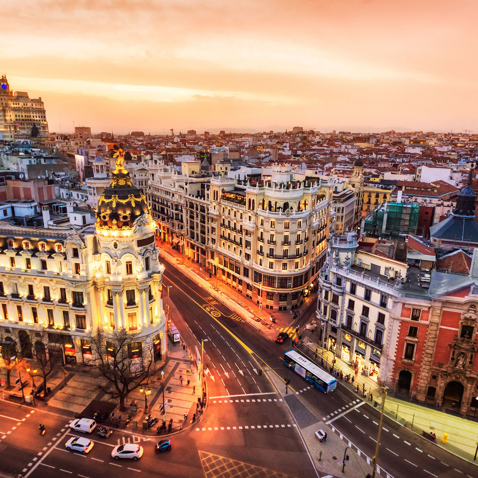 Aerial view and skyline of Madrid at dusk. Spain. Europe - stock photo