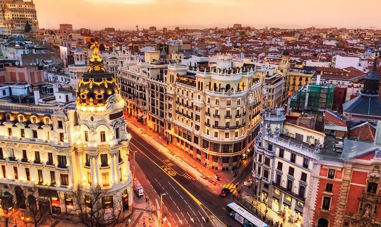 Aerial view and skyline of Madrid at dusk. Spain. Europe - stock photo