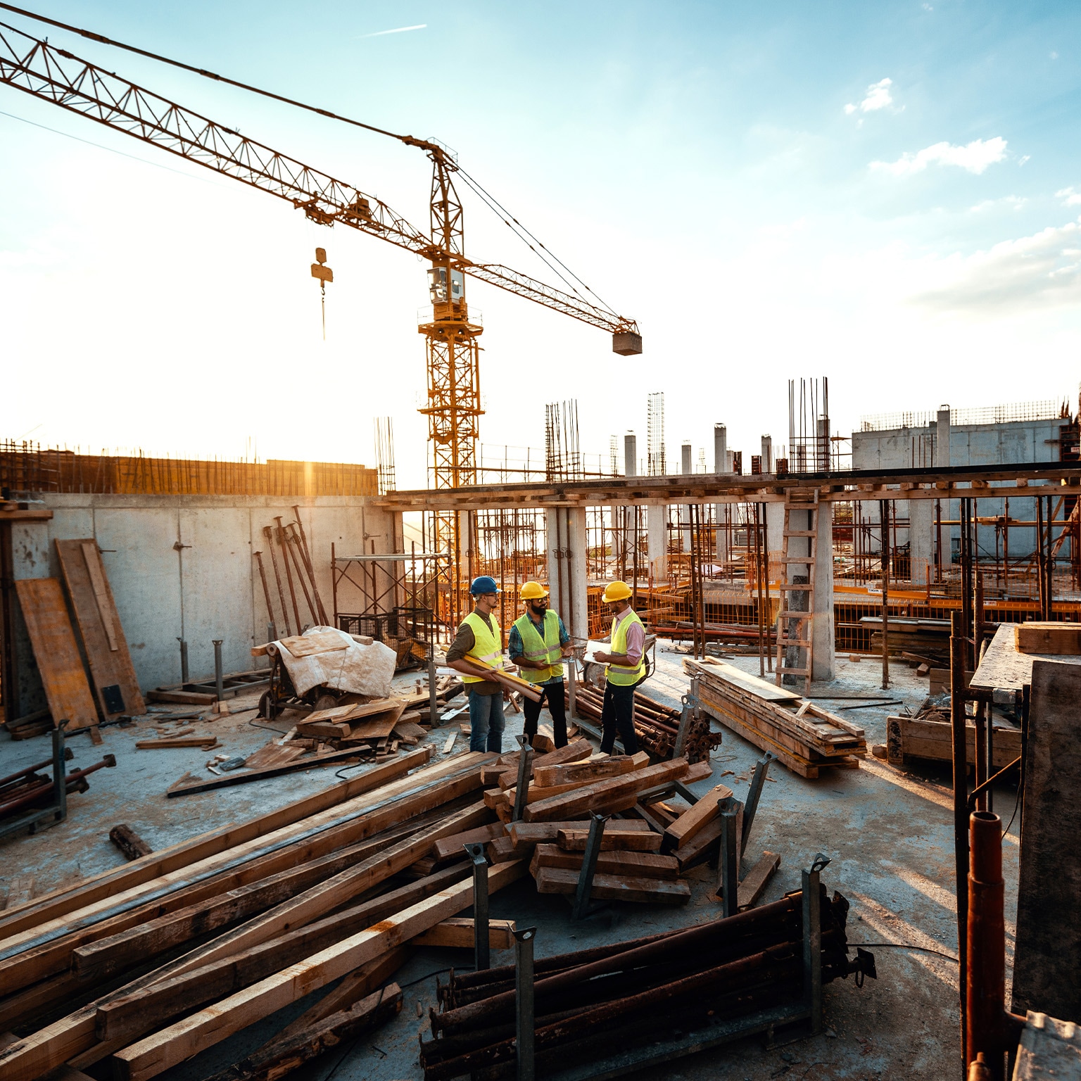 Architects and engineers discussing work progress between concrete walls, scaffolds and cranes. - stock photo