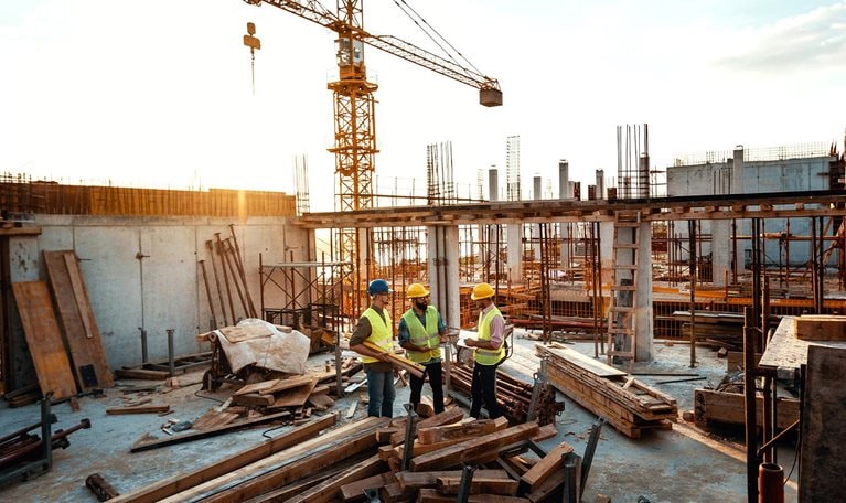 Architects and engineers discussing work progress between concrete walls, scaffolds and cranes. - stock photo