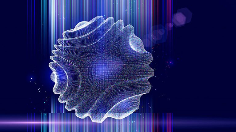 Abstract image of a digital sphere forming dots and color lines on dark blue.