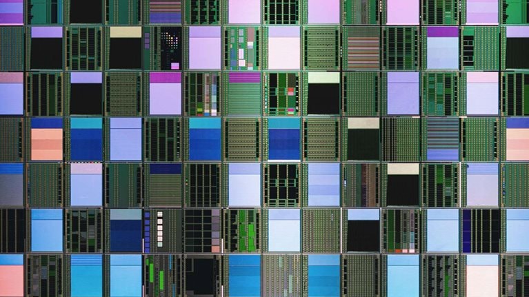 Iridescent semi-conductor wafer close-up