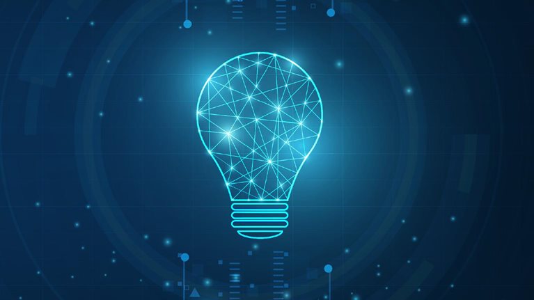 Vector circle tech with light blue and lamp bulb on technology background.