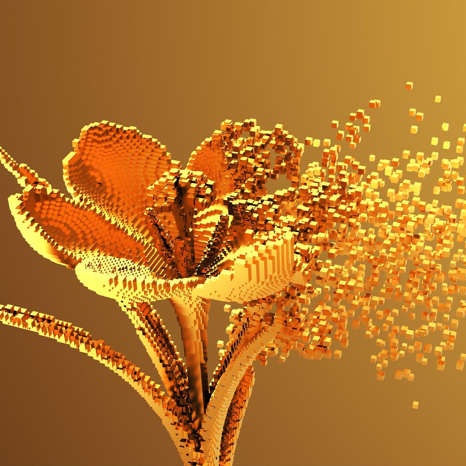 Gold Digital Flower Disintegrates To 3D Pixels