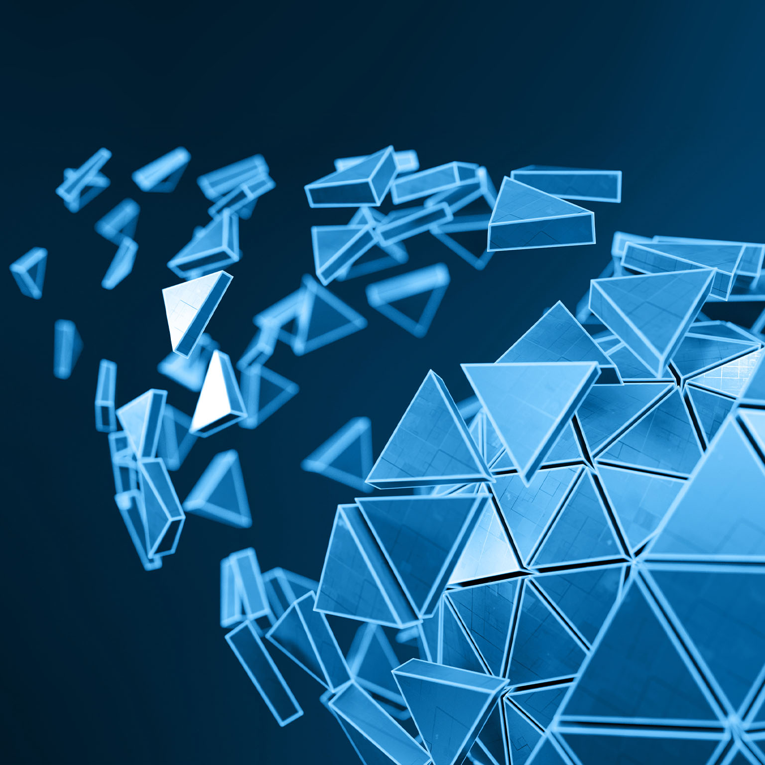 The image is a 3D digital illustration of a blue icosahedron shape, which is a polyhedron with twenty faces, depicted as broken or shattering into smaller triangular polygons. The artwork represents a futuristic concept of connectivity, technology, or science fiction.