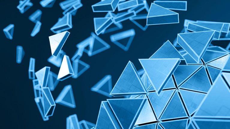 The image is a 3D digital illustration of a blue icosahedron shape, which is a polyhedron with twenty faces, depicted as broken or shattering into smaller triangular polygons. The artwork represents a futuristic concept of connectivity, technology, or science fiction.