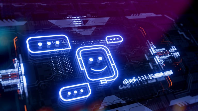 AI assistant icon on a digital LCD display with reflection