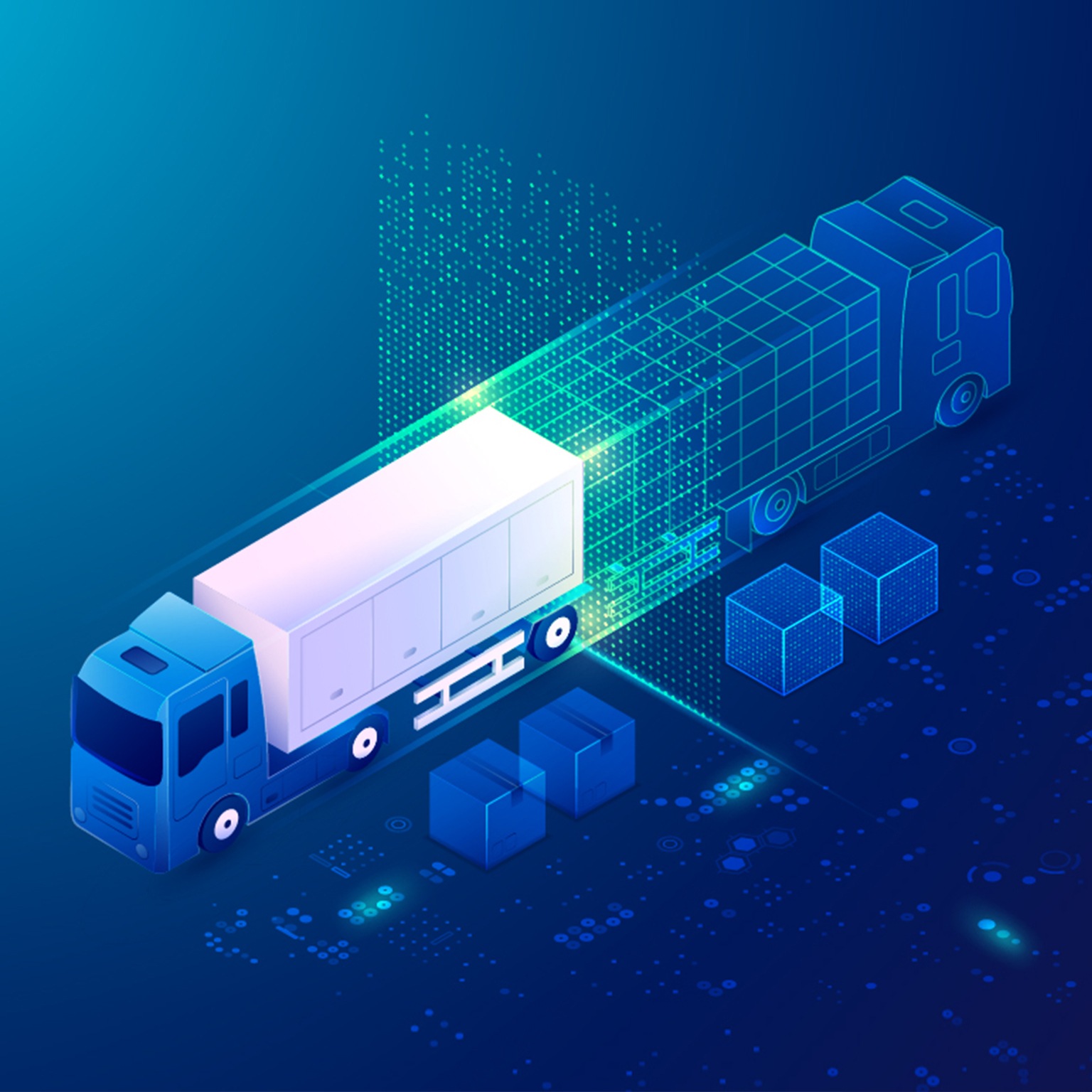 Twin logistics concept, showing a truck being loaded overlapped with a digital representation of a truck facing in the opposite direction. - stock illustration