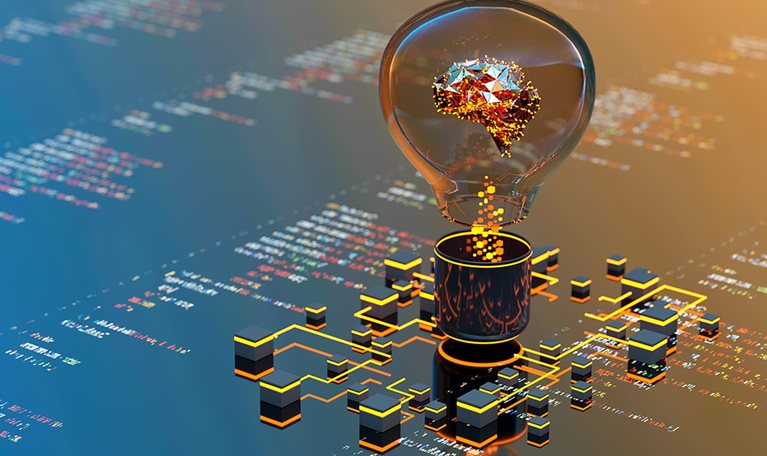 Artificial Intelligence digital concept abstract brains inside light bulb - stock photo