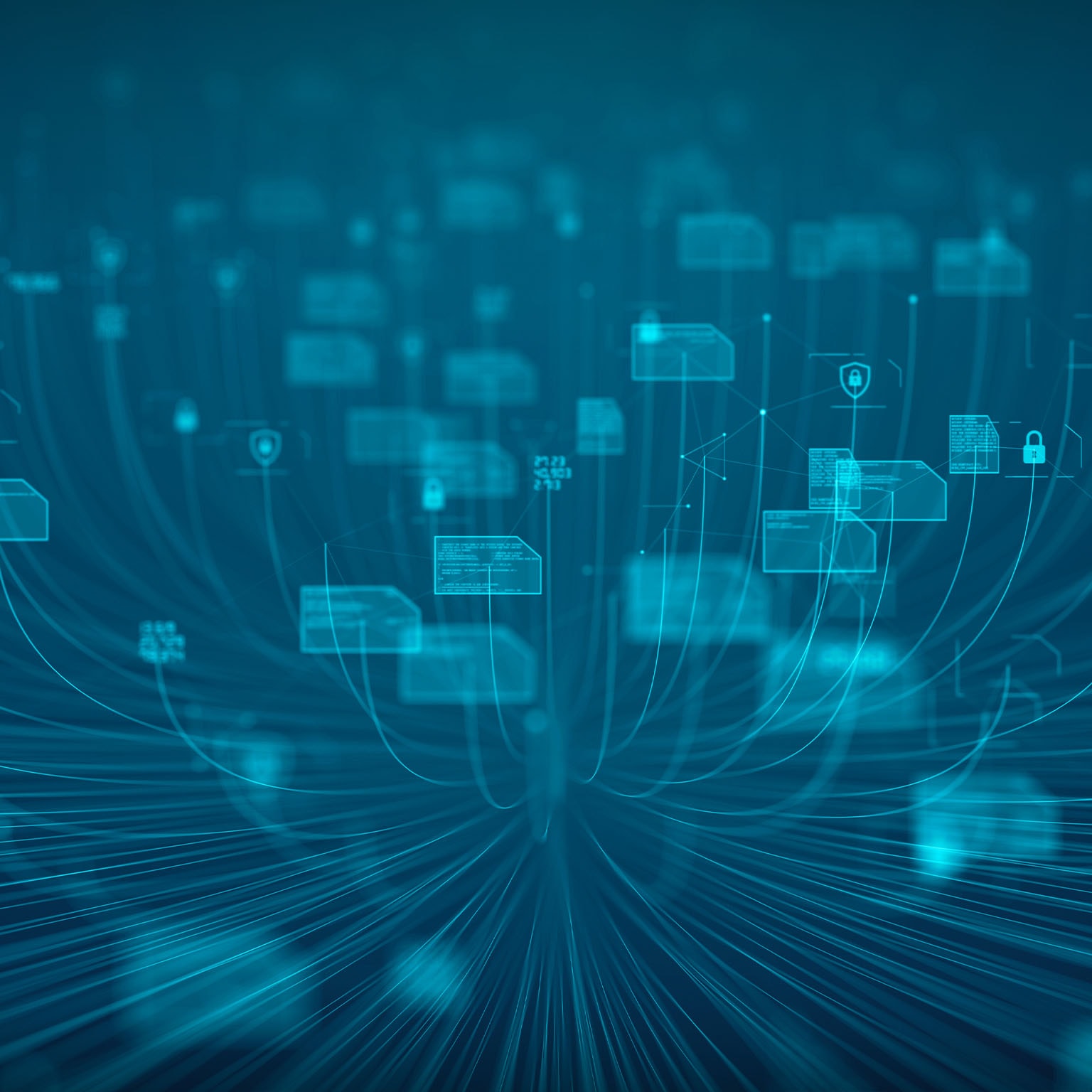 Cyber security technology illustration. Floating computers all linked by cords.