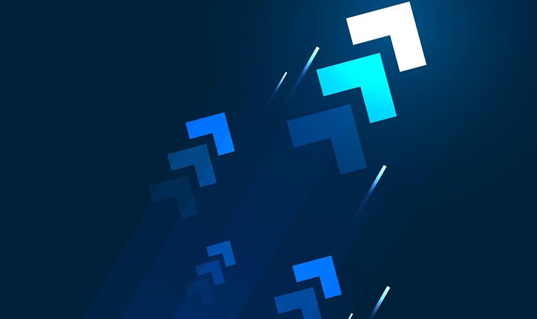 Blue light of up arrows on dark blue background, business growth concept. - stock illustration