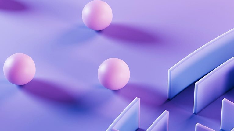 Horizontal conceptual image showing a group of vibrant pink spheres gathered at the entrance of a large circular purple maze, set against a deep purple background with blue lighting accents. The composition conveys themes of teamwork, challenge, and strategic navigation within complex environments. Ideal for business, technology, or innovation visuals, offering clear space for text and branding elements.