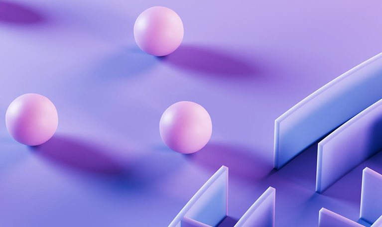 Horizontal conceptual image showing a group of vibrant pink spheres gathered at the entrance of a large circular purple maze, set against a deep purple background with blue lighting accents. The composition conveys themes of teamwork, challenge, and strategic navigation within complex environments. Ideal for business, technology, or innovation visuals, offering clear space for text and branding elements.
