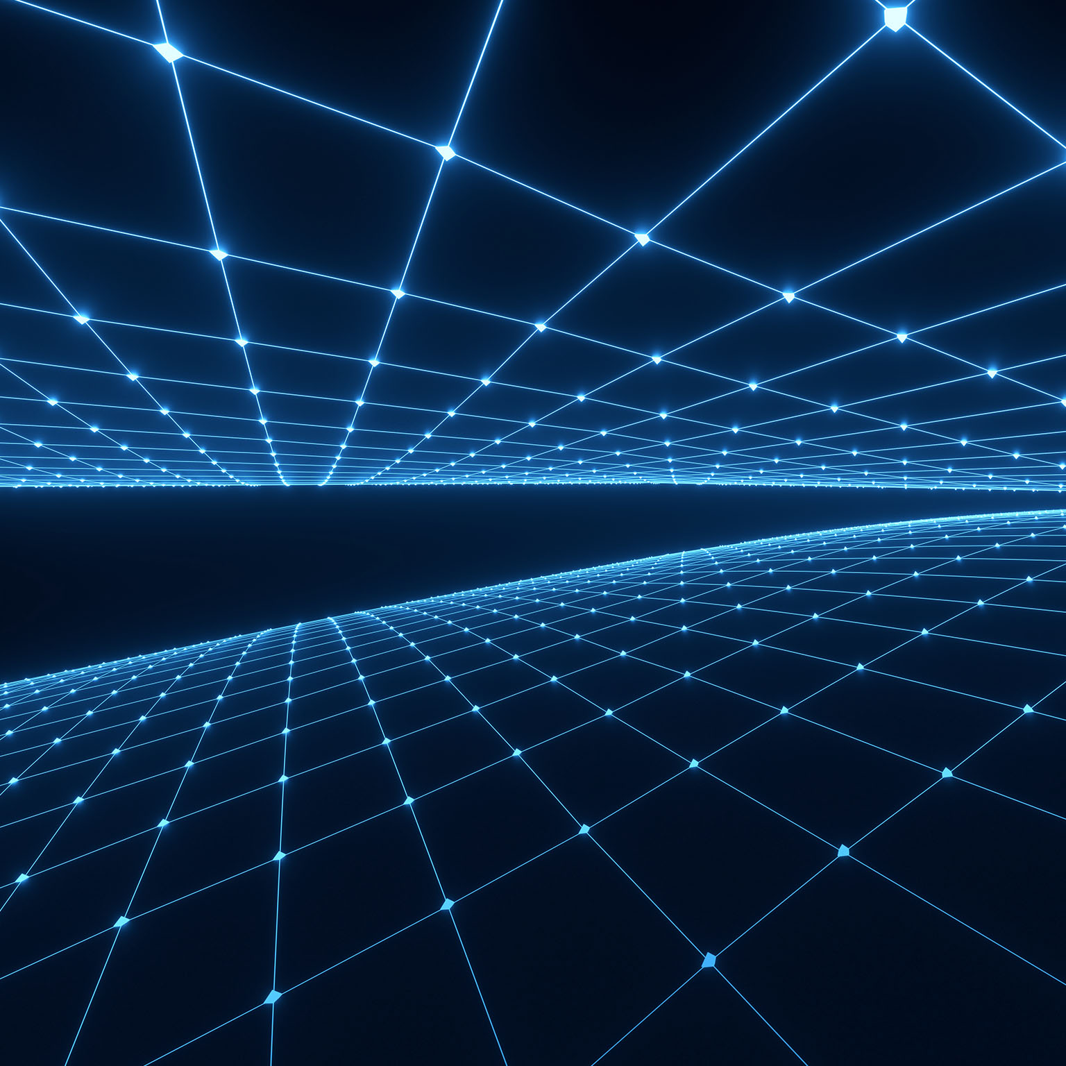 A 3D rendered abstract digital network featuring a glowing blue grid with interconnected lines and bright points, receding into the distance against a dark deep blue background, creating a sense of depth, futuristic technology, and cyber space.