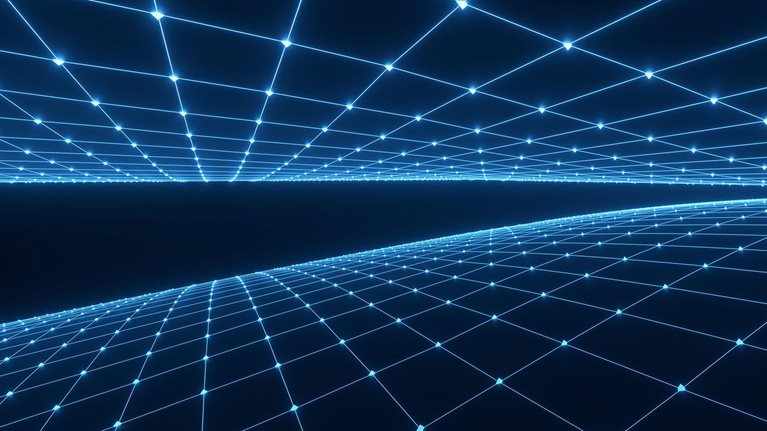 A 3D rendered abstract digital network featuring a glowing blue grid with interconnected lines and bright points, receding into the distance against a dark deep blue background, creating a sense of depth, futuristic technology, and cyber space.