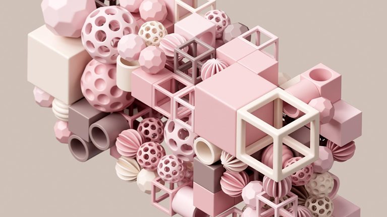 Abstract data cubes and spheres connection. The concept of big data, artificial intelligence and cloud technology. - stock photo