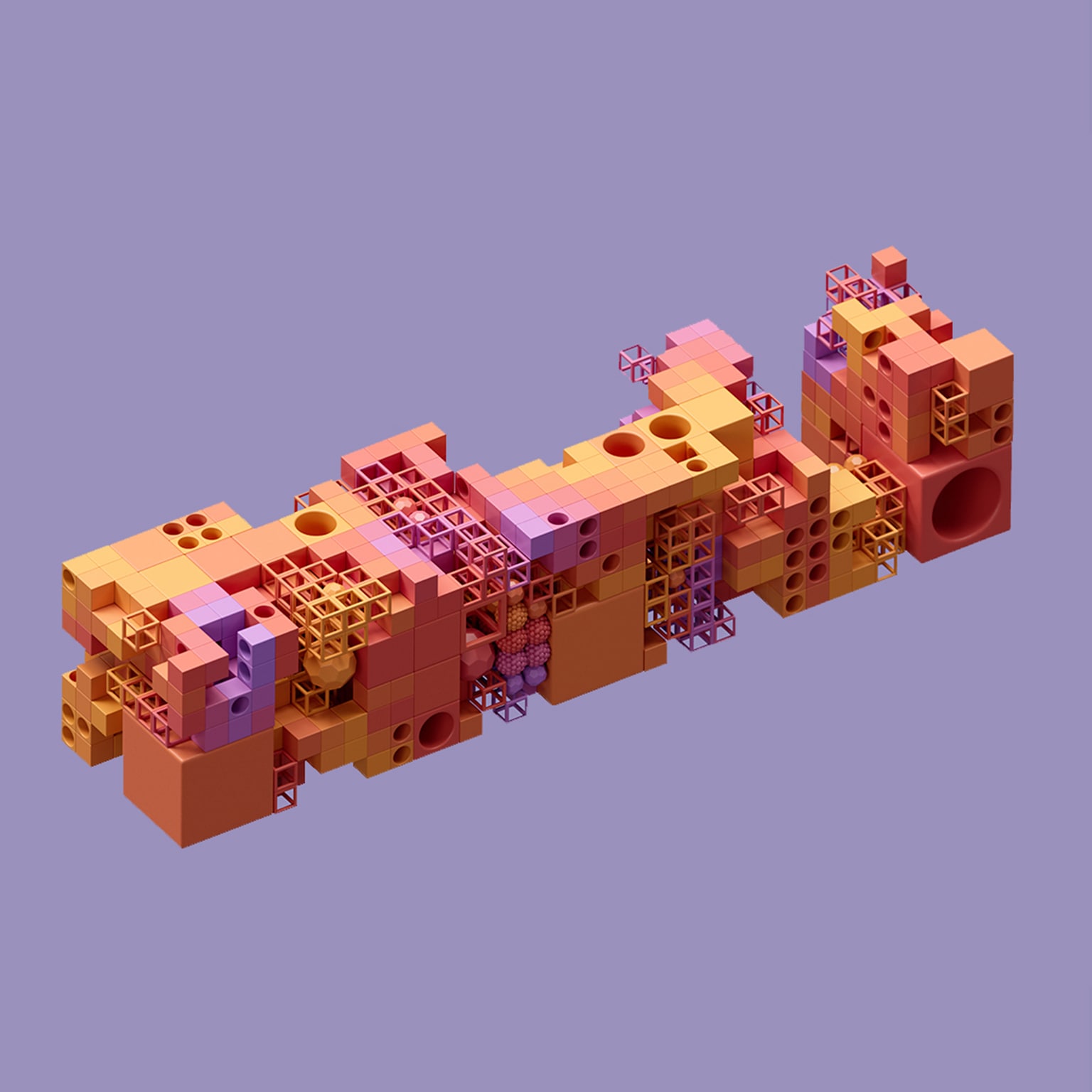 Digital generated image of multicoloured cubes and spheres connecting between each other. The concept of innovation, science, artificial intelligence and cloud technology.