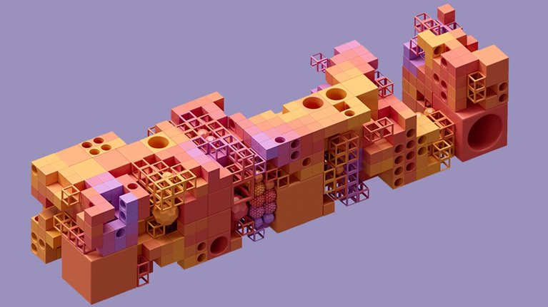 Digital generated image of multicoloured cubes and spheres connecting between each other. The concept of innovation, science, artificial intelligence and cloud technology.