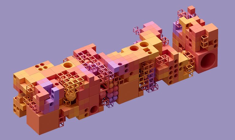 Digital generated image of multicoloured cubes and spheres connecting between each other. The concept of innovation, science, artificial intelligence and cloud technology.