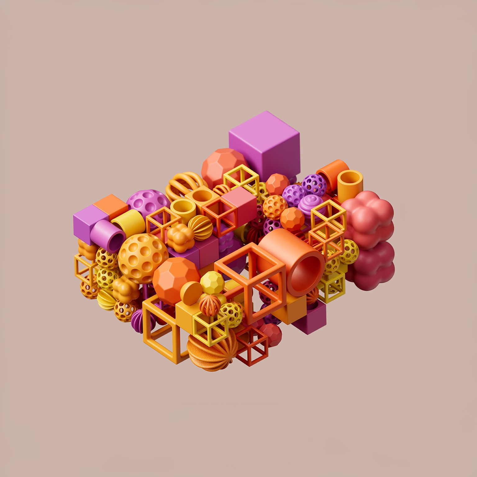 Digital generated image of multicoloured cubes and spheres connecting between each other. The concept of innovation, science, artificial intelligence and cloud technology. - stock photo